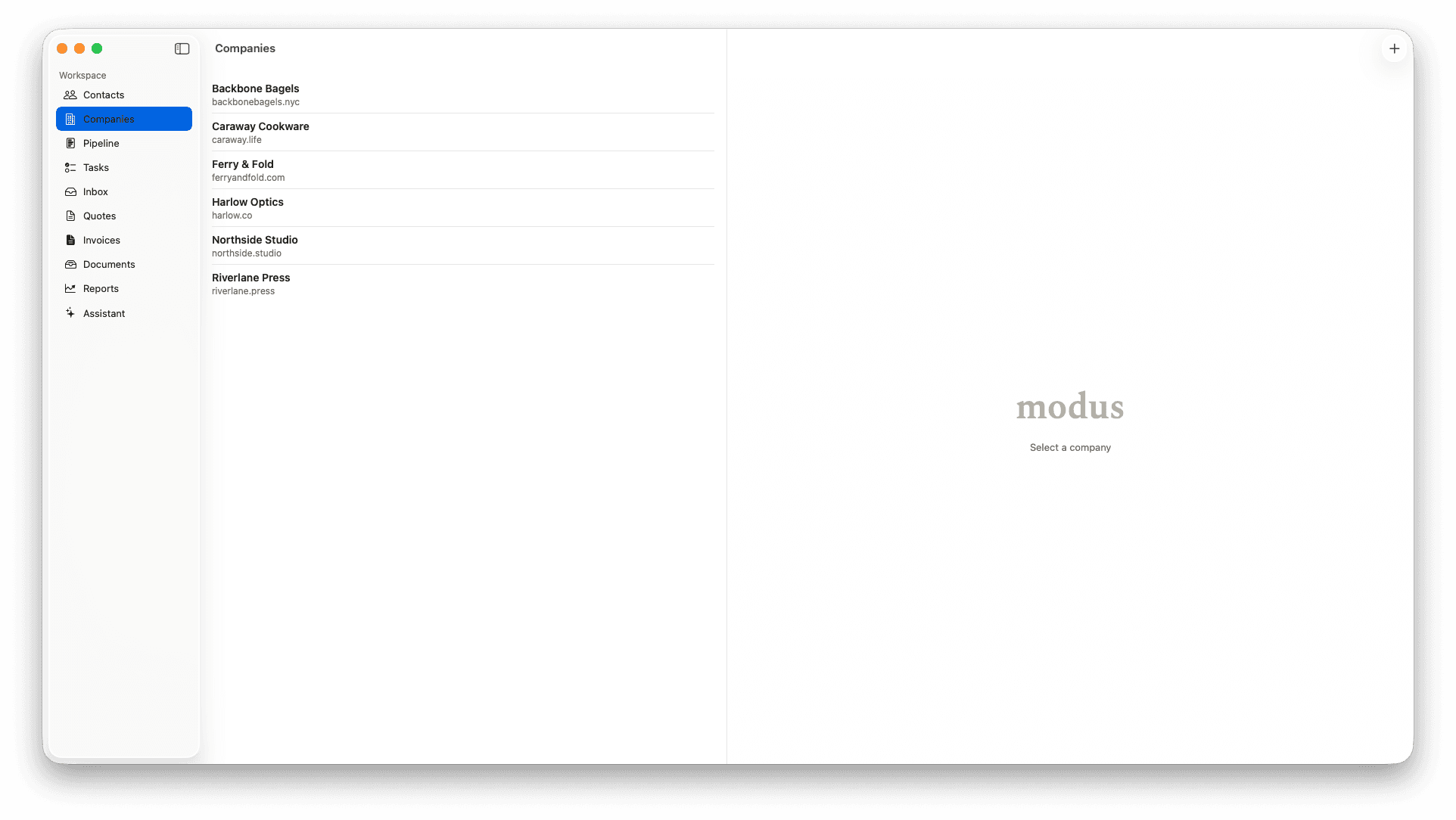 Companies list in Modus Studio — six organisations with names and domains.