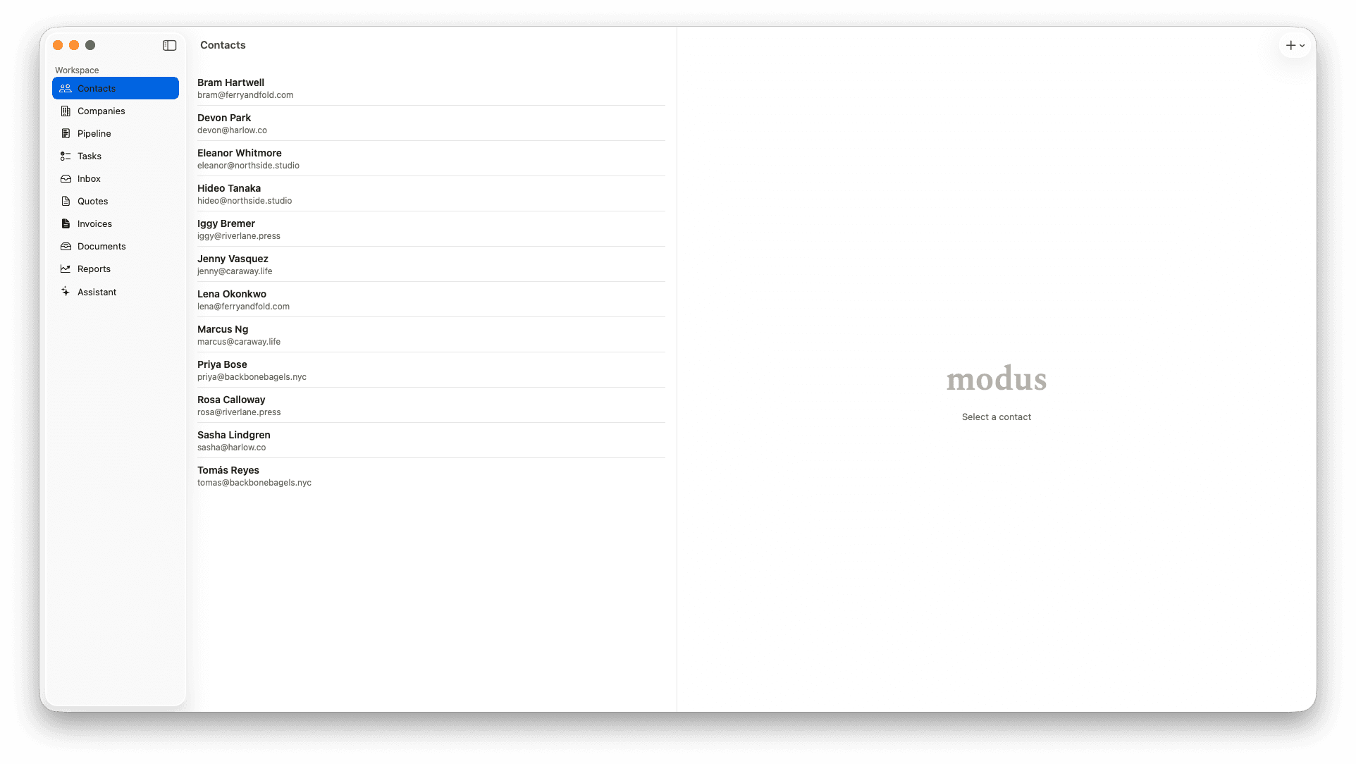 Contacts list in Modus Studio — eleven people with names and email addresses, sorted alphabetically.