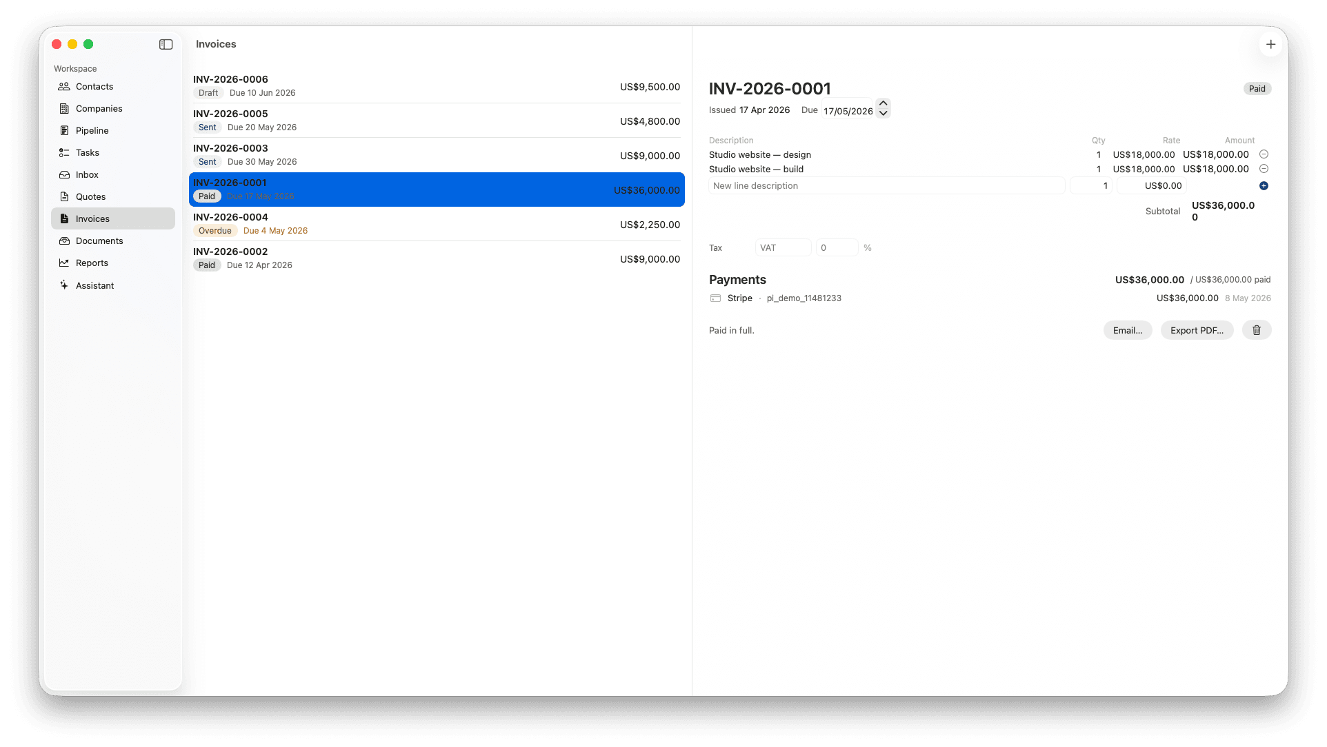 Invoice list with Draft, Sent, Paid, and Overdue states, and a detail view showing a Paid invoice with a Stripe payment record reconciled against the invoice total.