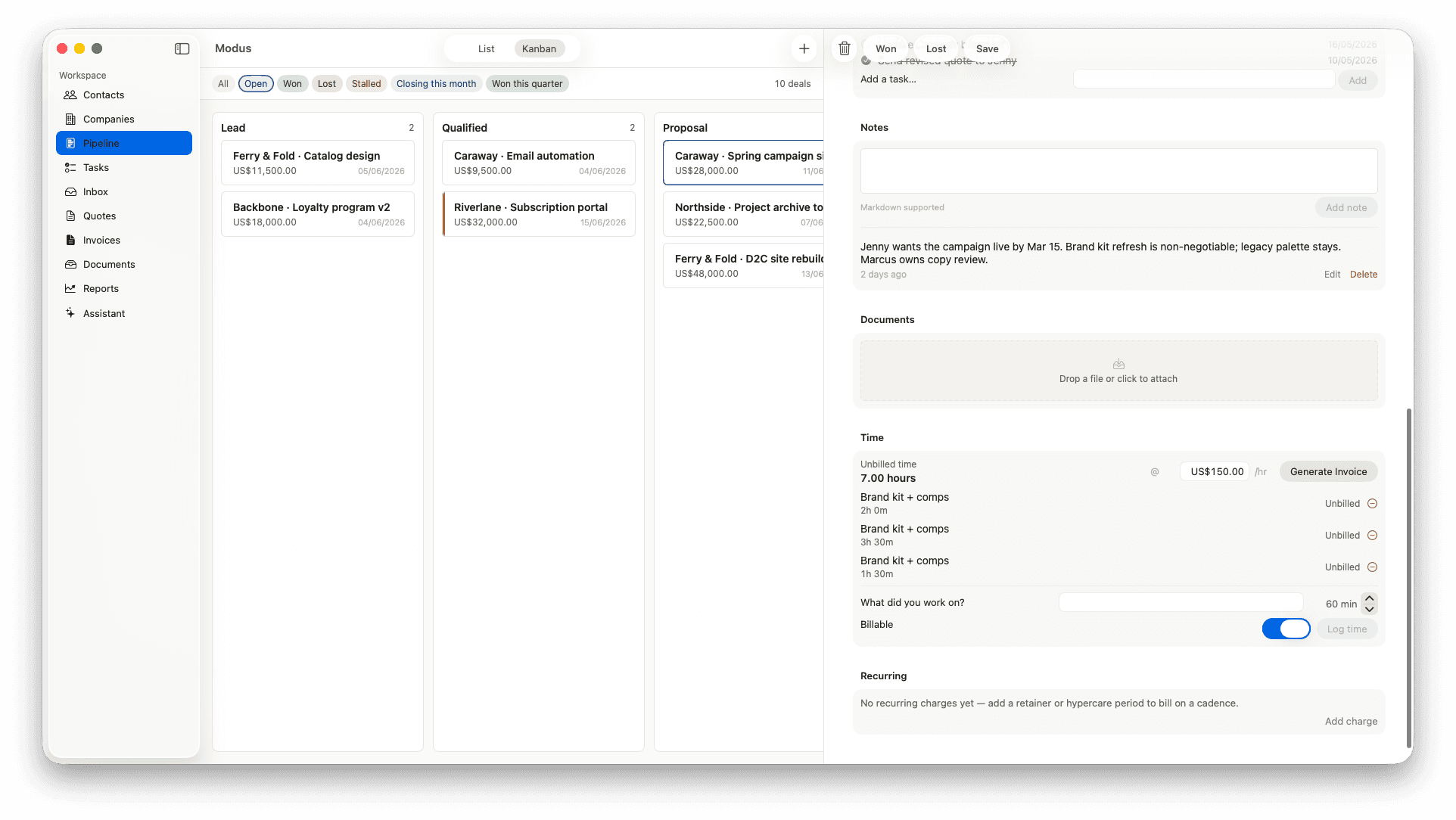 Open deal panel showing notes, attached documents, a running time tracker with two billable entries, and recurring billing controls.