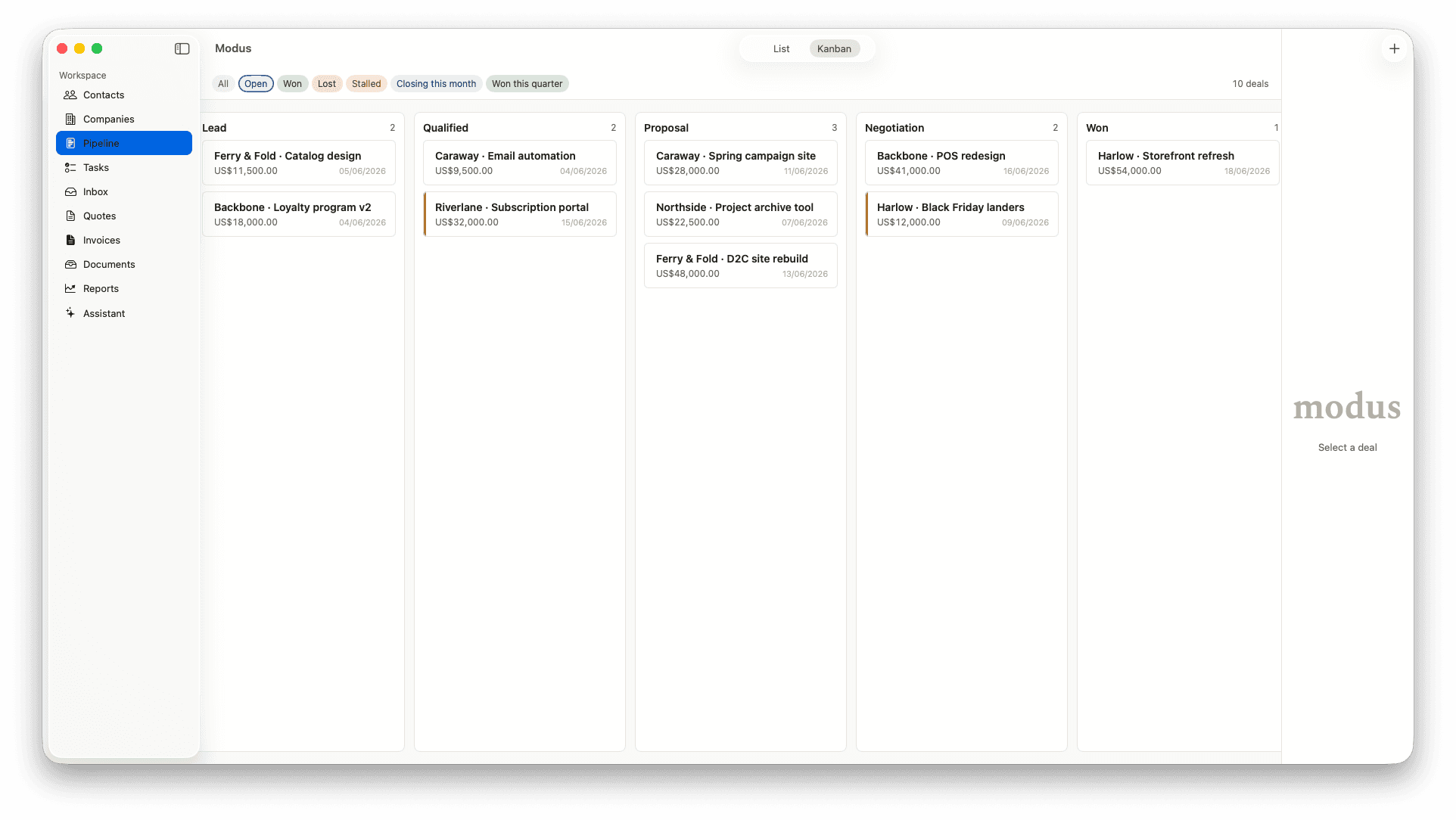 Modus Studio pipeline shown as a Kanban board with five stages — Lead, Qualified, Proposal, Negotiation, Won — each holding deal cards with company, project name, and value.