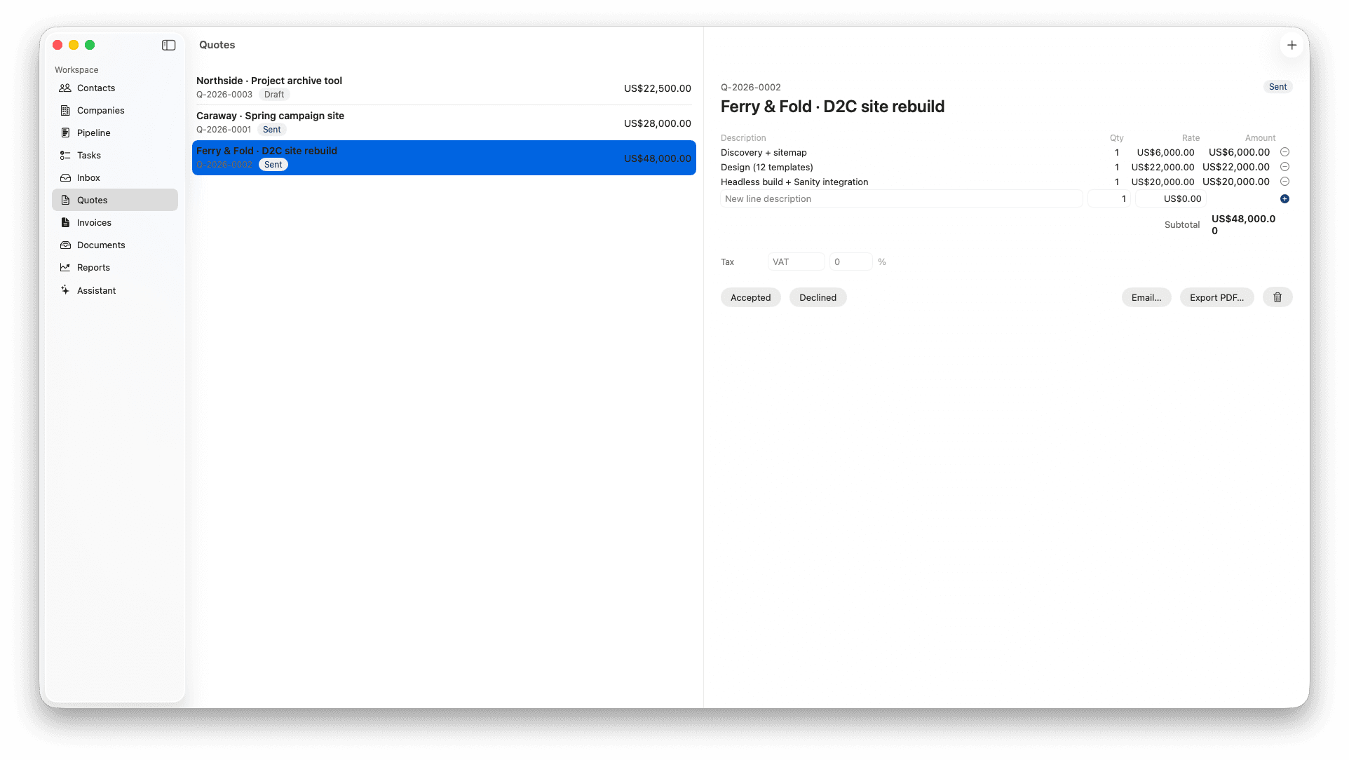 Quote authoring view with three line items, subtotal, tax row, and Sent / Accepted / Declined state controls plus Email and Export PDF buttons.