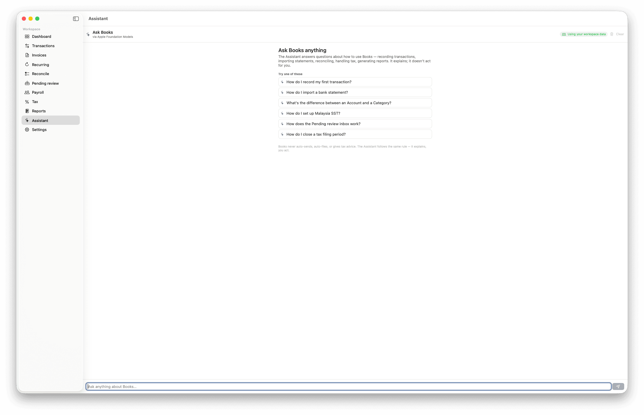 The Ask Books assistant in Modus Books with starter questions, powered by Apple Foundation Models using your workspace data.