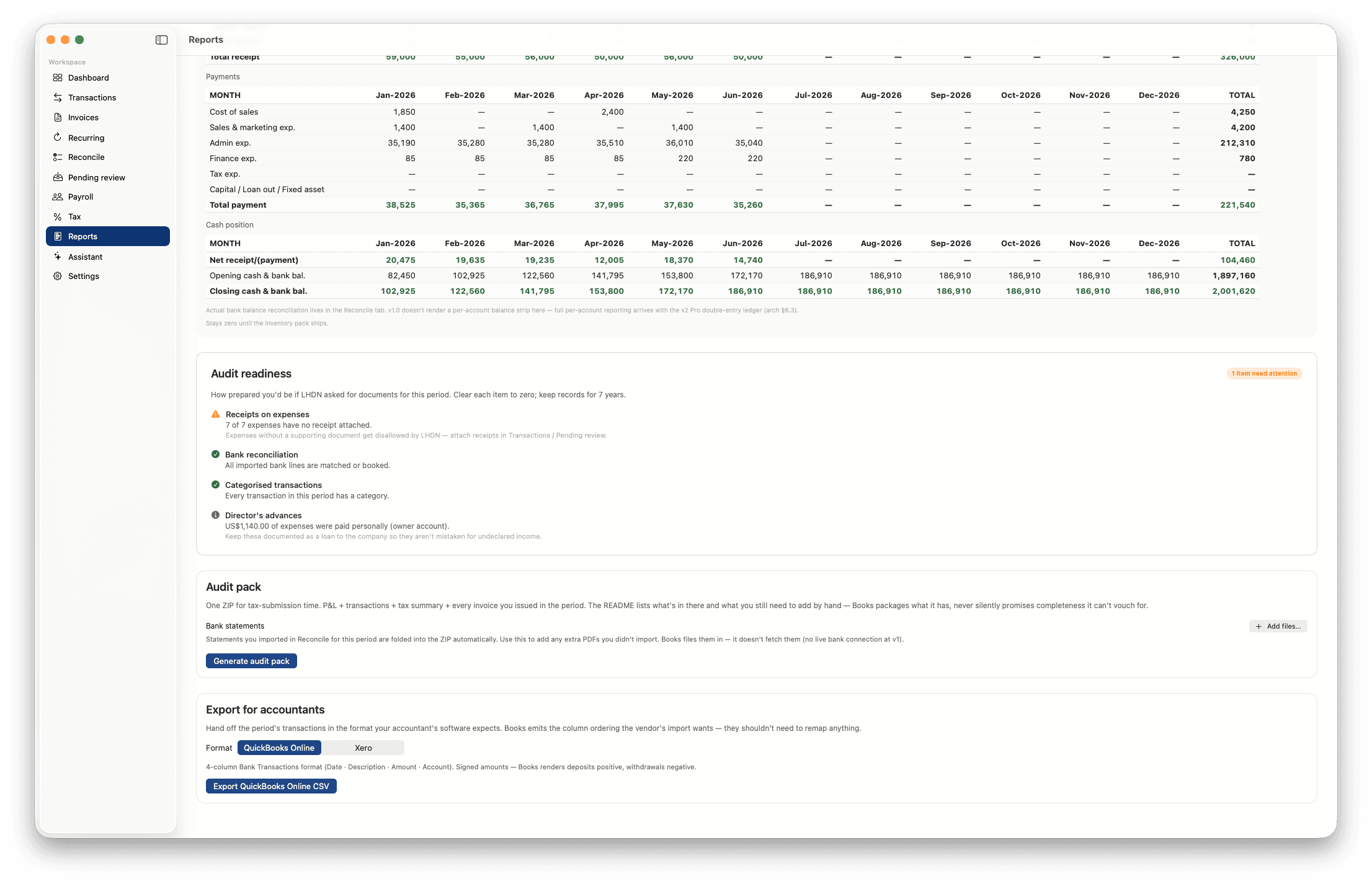 Reports audit section in Modus Books showing an audit-readiness checklist, a Generate audit pack button, and a QuickBooks CSV export.