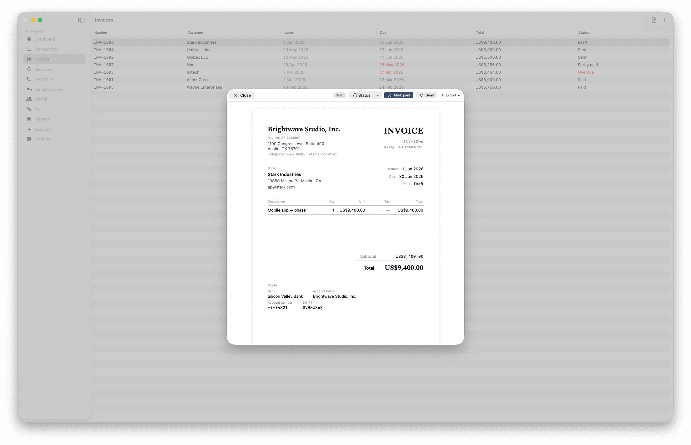 An invoice PDF preview in Modus Books for Brightwave Studio with line items and a total of US$9,400.