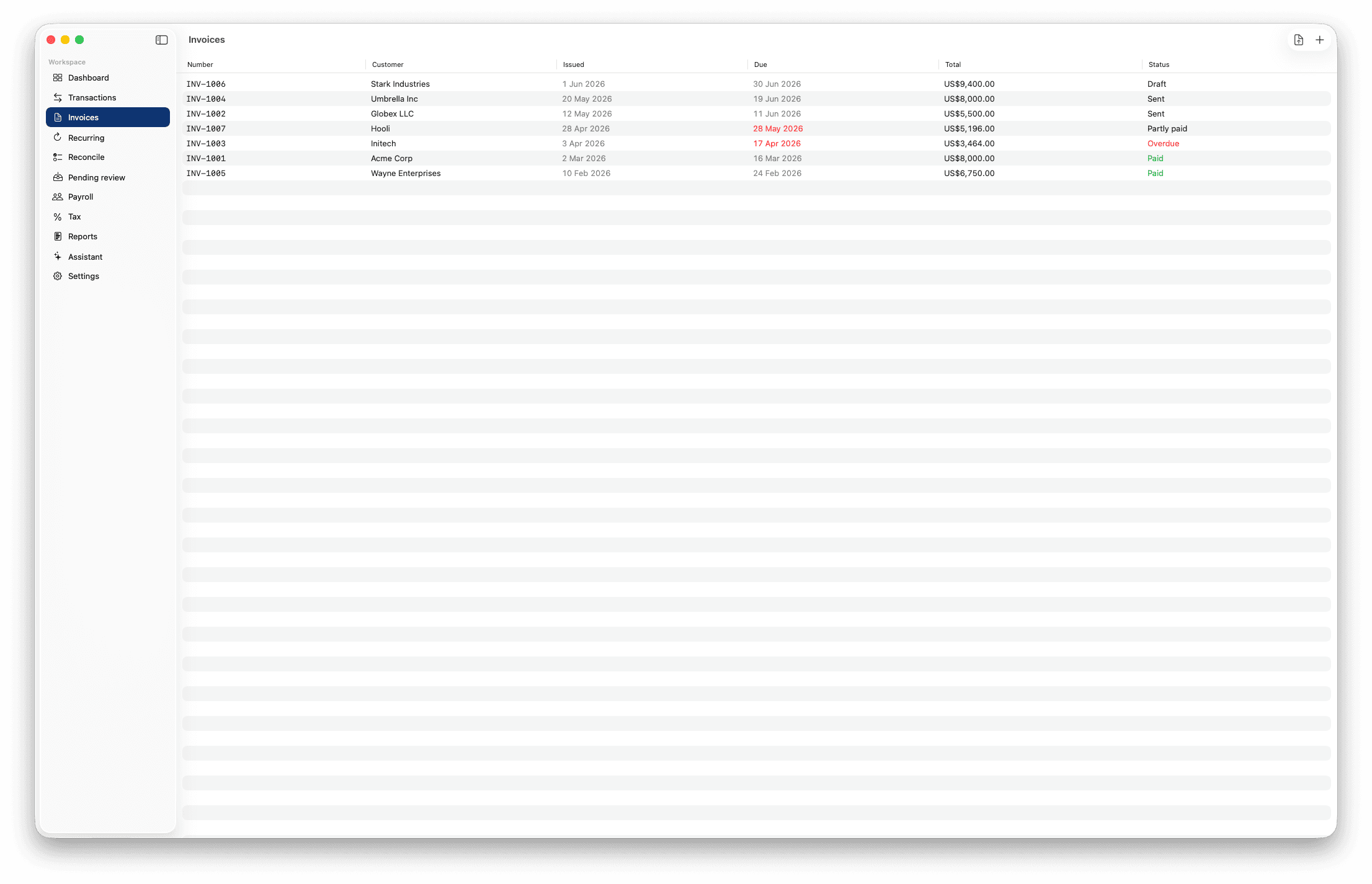 Invoice list in Modus Books showing number, customer, issued and due dates, total, and colour-coded status.