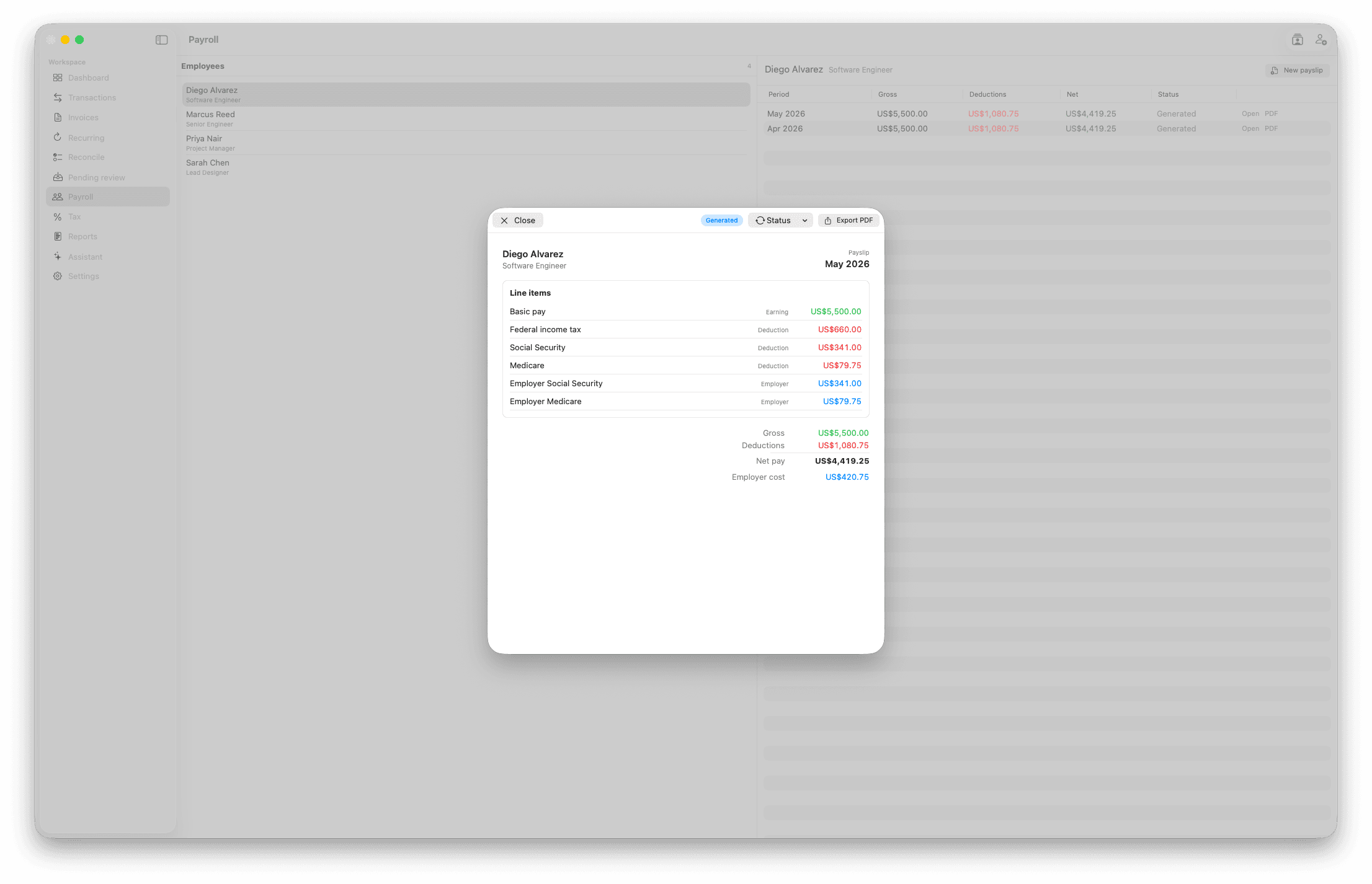 A payslip in Modus Books for an employee showing earning and deduction line items, gross, net pay, and employer cost.